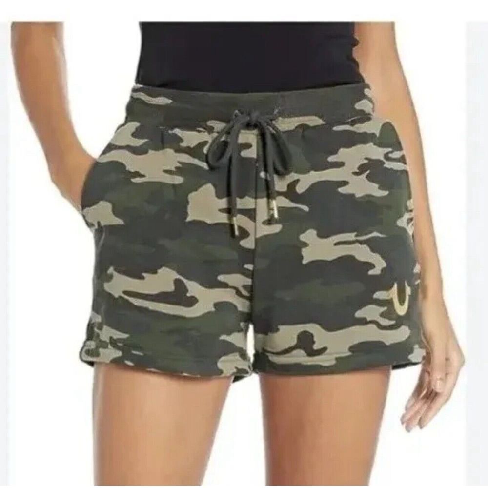 TRUE‎ RELIGION GREEN CAMO HS FOIL FLEECE SHORT Women's Size XL/TG NWT